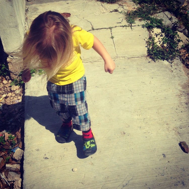 A lot to prove. Trying to crush a rock with his [rubber] Batman shoe. It's okay, I said, you can try again later.